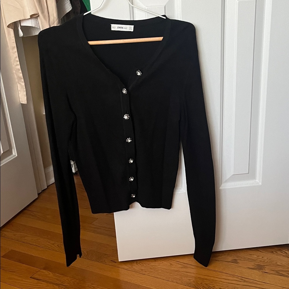 Zara Elegant Black Cardigan with Sparkling Buttons